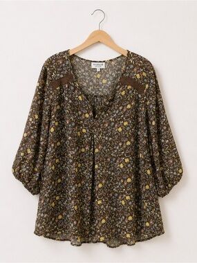 Studio B Brown Floral Peasant Blouse 3X